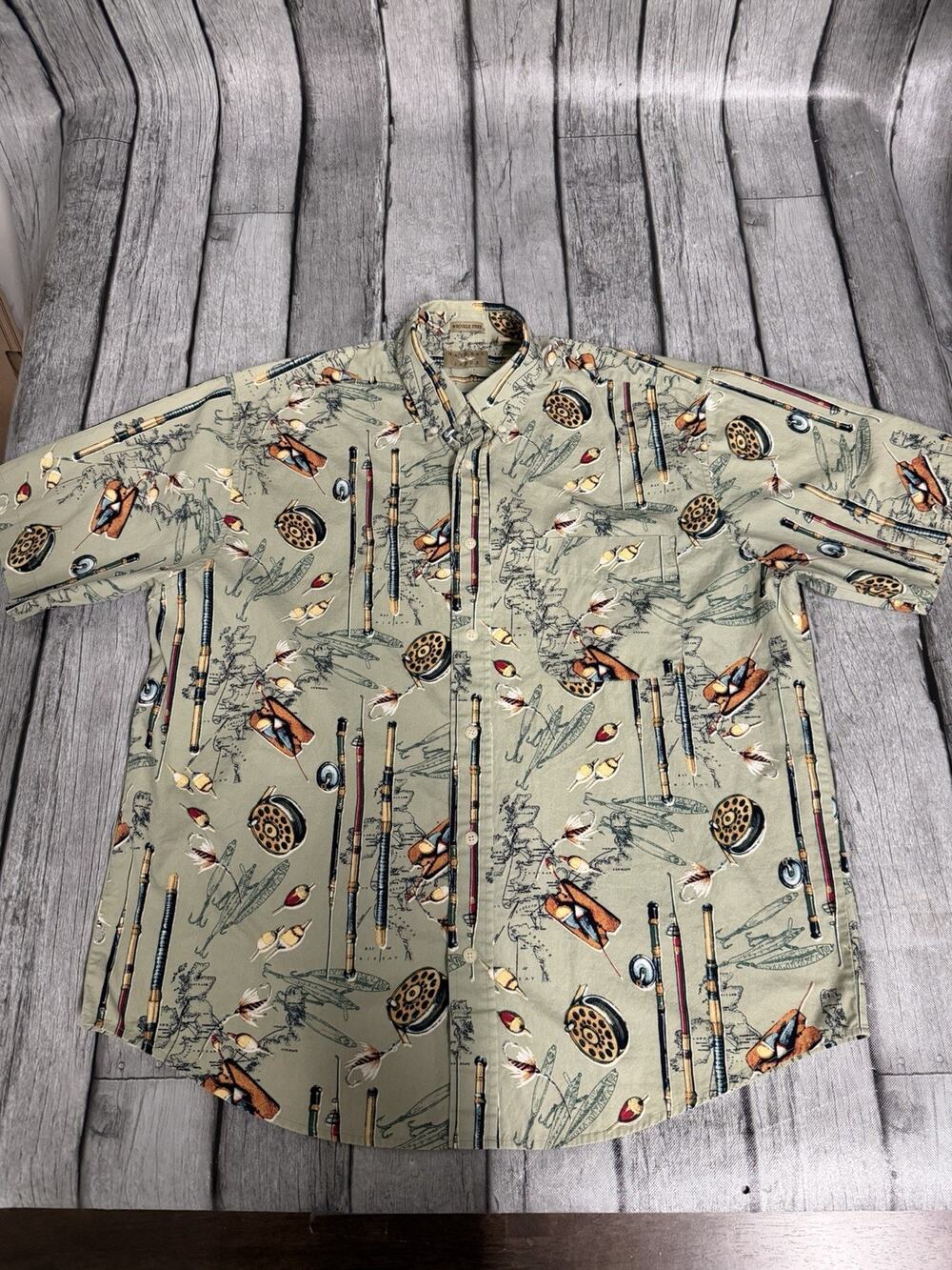 Men’s Natural Issue Casual Button Down Shirt Fly Fishing 100% Cotton SS Sz Large